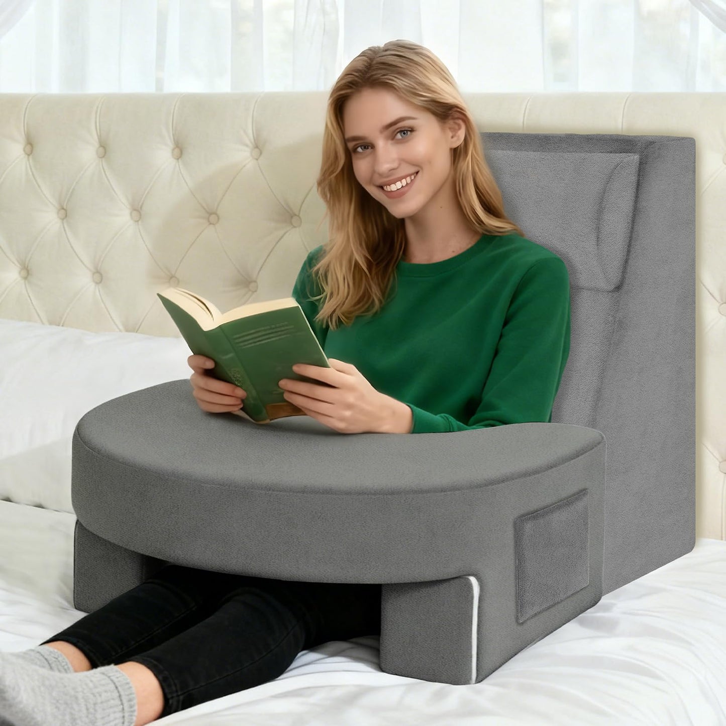 Reading Pillow Set for Adults 3-Piece - Ergonomic Back/Neck Support with Arms & Pockets - 26D High-Density Foam for Bed/Couch Reading Gaming Watching TV (Light Gray)