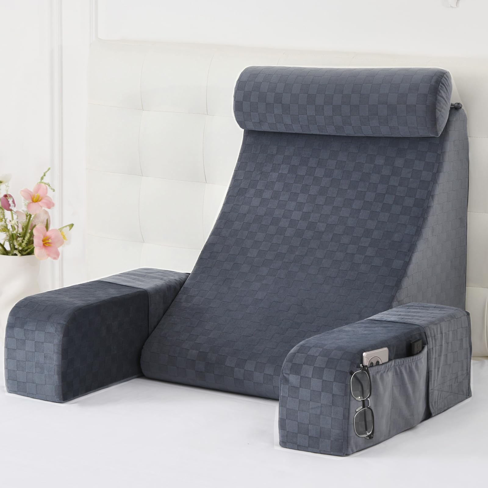 Vekkia Reading Pillow for Adults – Ergonomic 45° Wedge Back Support Chair for Sitting in Bed, XL Side Pockets, Perfect for Working, Gaming, Watching TV, Relaxing, or Recovery, Great Gift Idea, 19”