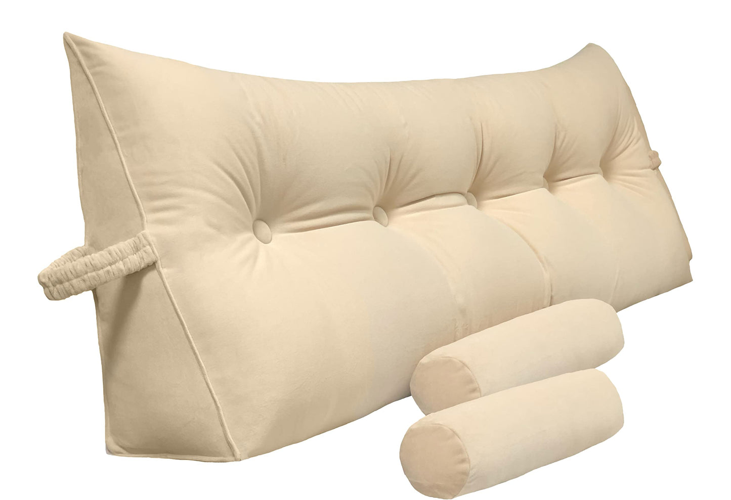 Triangular Reading Bed Rest Pillow Large Bolster Cushion Headboard Backrest Wedge Pillow with Two Detachable Roll Pillows for Neck & Lumbar Support (Beige, Queen: 59 x 8 x 20 inches)