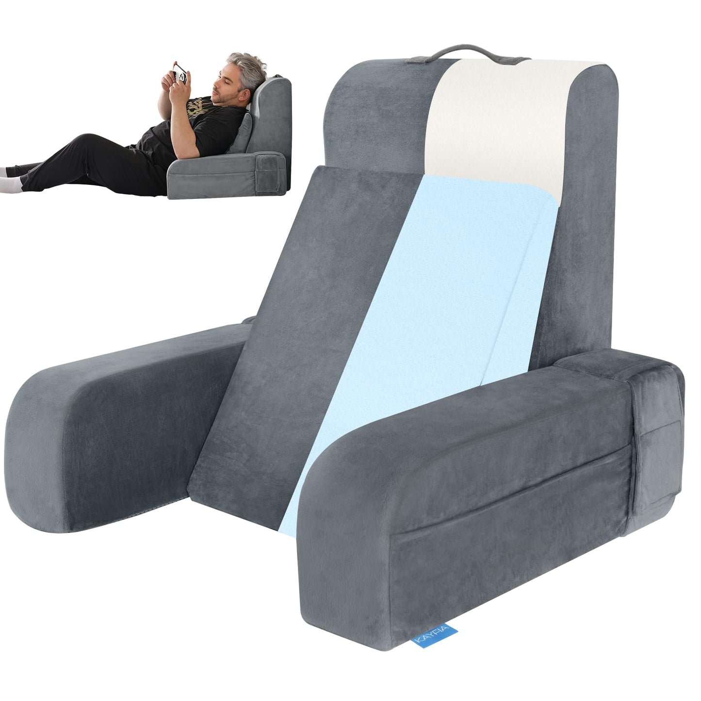 Kayfia Reading Pillow, 10 in 1 Back Pillow for Bed Sitting up with Detachable Arms Rest, Back Rest with Gel Memory Foam, Reading/Gaming/Working in Bed or Couch 19", Gray