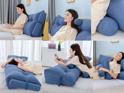 Triangular Reading Bed Rest Pillow Large Bolster Cushion Headboard Backrest Wedge Pillow with Two Detachable Roll Pillows for Neck & Lumbar Support (Beige, Queen: 59 x 8 x 20 inches)