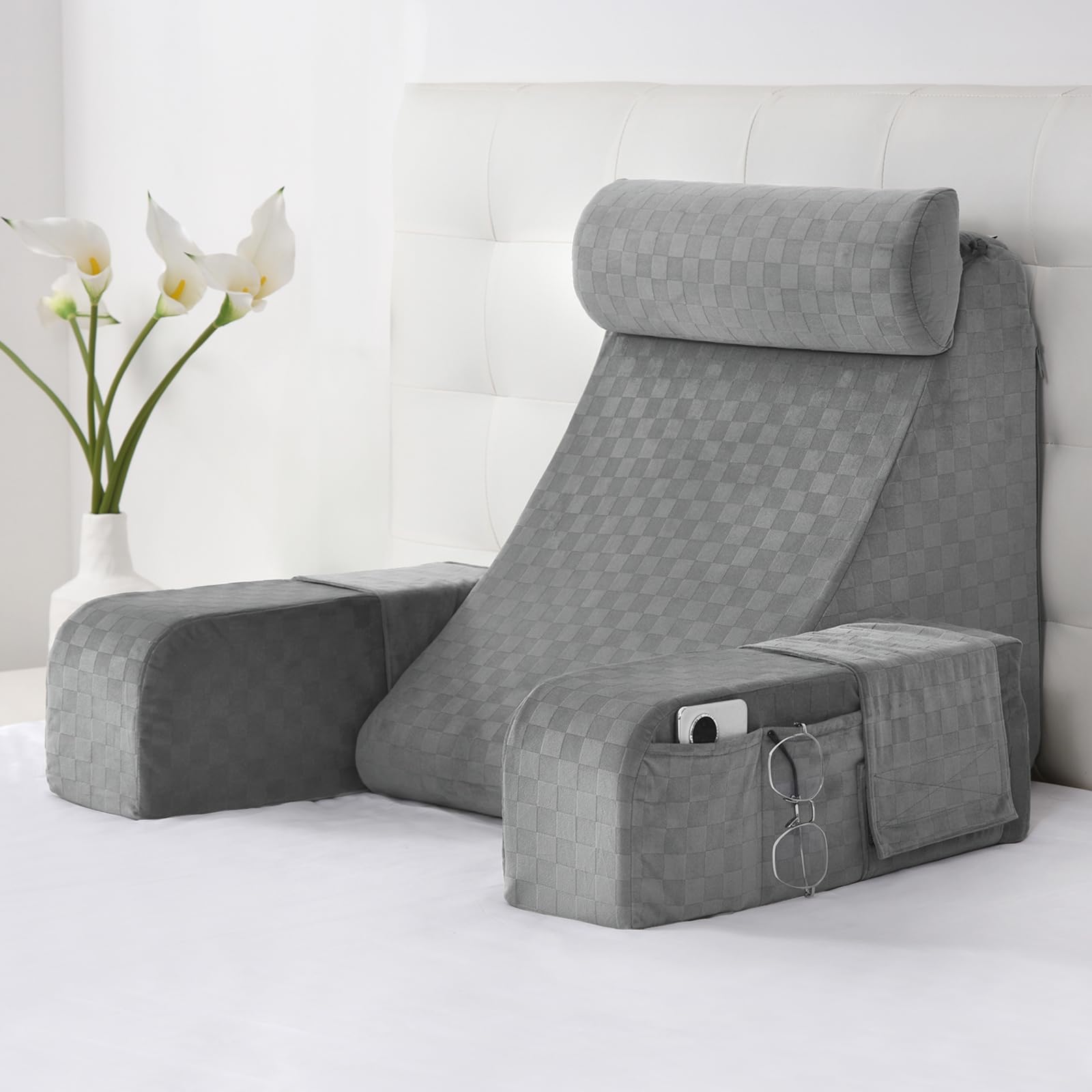 Vekkia Reading Pillow for Adults – Ergonomic 45° Wedge Back Support Chair for Sitting in Bed, XL Side Pockets, Perfect for Working, Gaming, Watching TV, Relaxing, or Recovery, Great Gift Idea, 19”