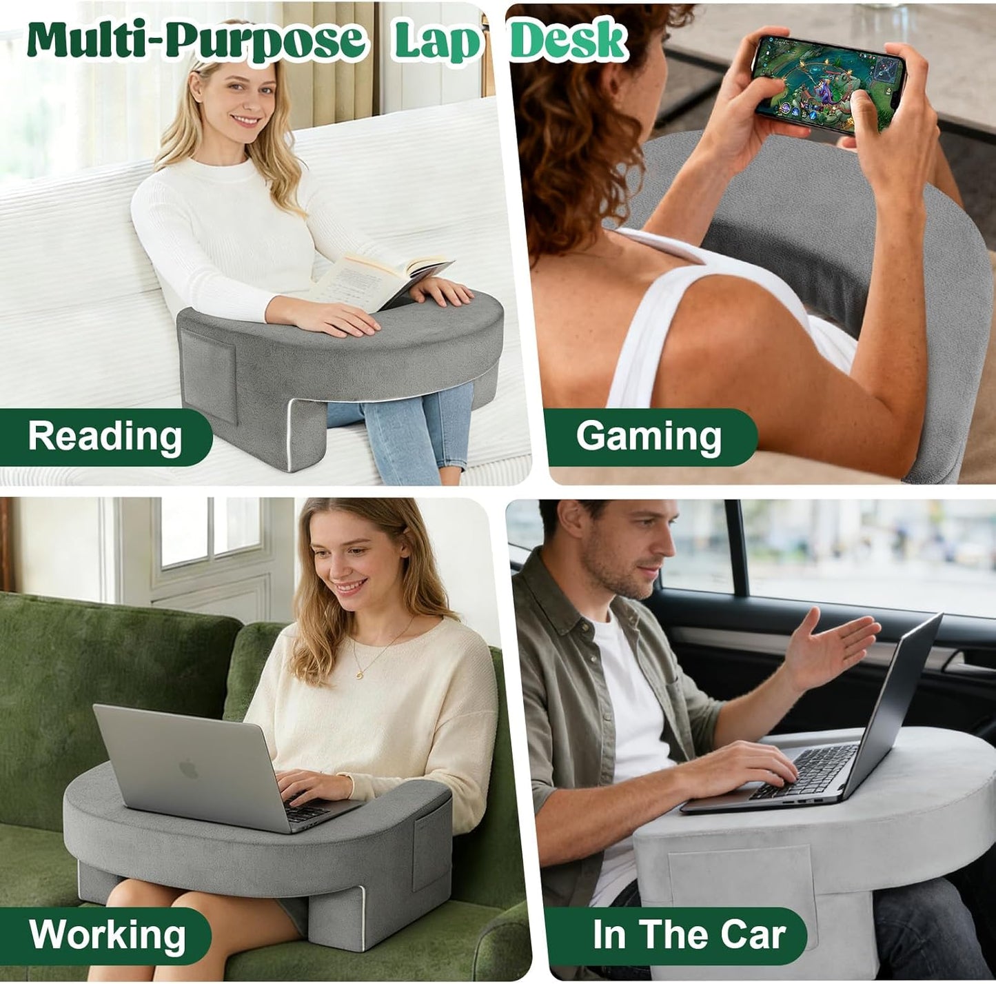 Reading Pillow Set for Adults 3-Piece - Ergonomic Back/Neck Support with Arms & Pockets - 26D High-Density Foam for Bed/Couch Reading Gaming Watching TV (Light Gray)
