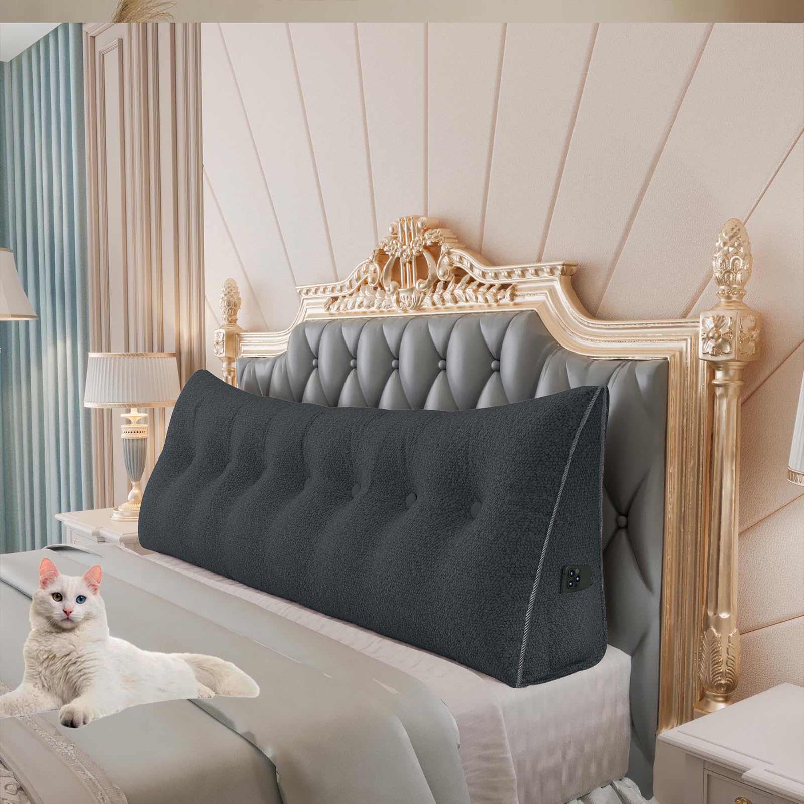 11 lbs Thickened Queen Headboard Pillow for Sitting Up in Bed, Back Support Reading Pillow with Side Pocket and Velvet Removable Cover, Triangular Large Wedge Headboard Pillow