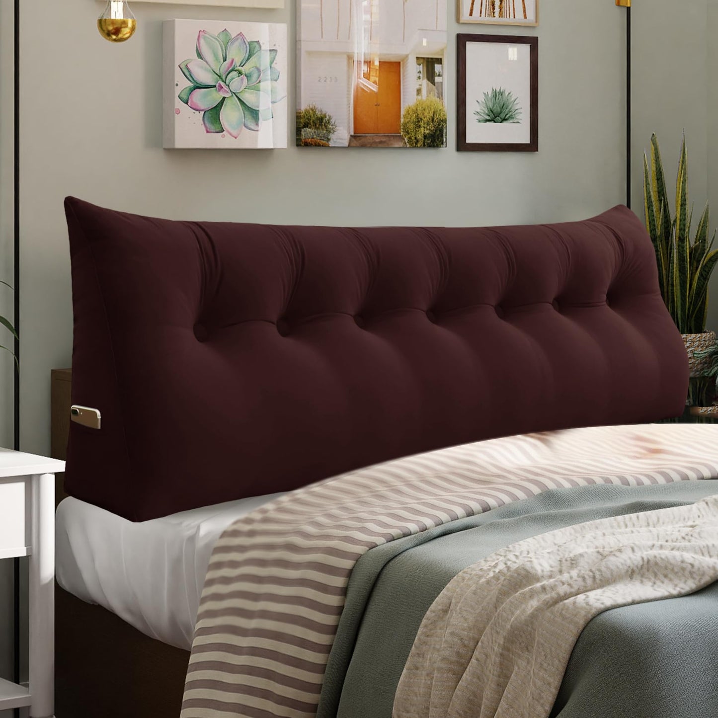 11 lbs Thickened Queen Headboard Pillow for Sitting Up in Bed, Back Support Reading Pillow with Side Pocket and Velvet Removable Cover, Triangular Large Wedge Headboard Pillow