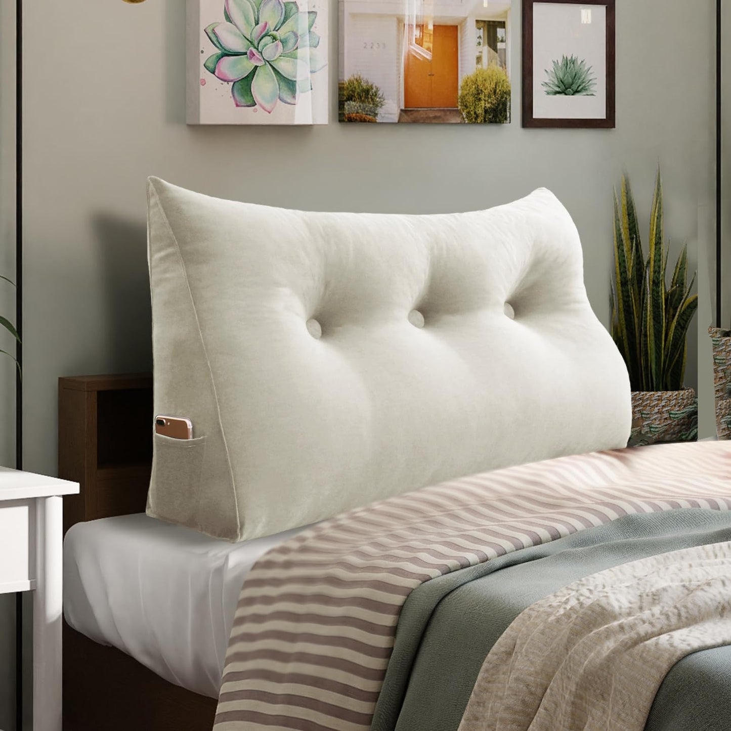 11 lbs Thickened Queen Headboard Pillow for Sitting Up in Bed, Back Support Reading Pillow with Side Pocket and Velvet Removable Cover, Triangular Large Wedge Headboard Pillow