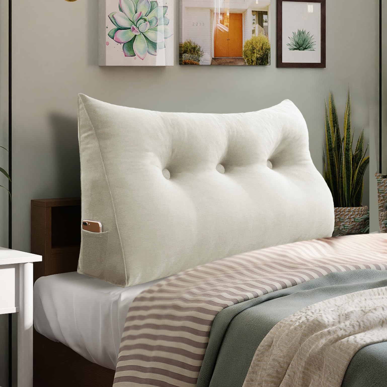 11 lbs Thickened Queen Headboard Pillow for Sitting Up in Bed, Back Support Reading Pillow with Side Pocket and Velvet Removable Cover, Triangular Large Wedge Headboard Pillow