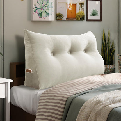 11 lbs Thickened Queen Headboard Pillow for Sitting Up in Bed, Back Support Reading Pillow with Side Pocket and Velvet Removable Cover, Triangular Large Wedge Headboard Pillow