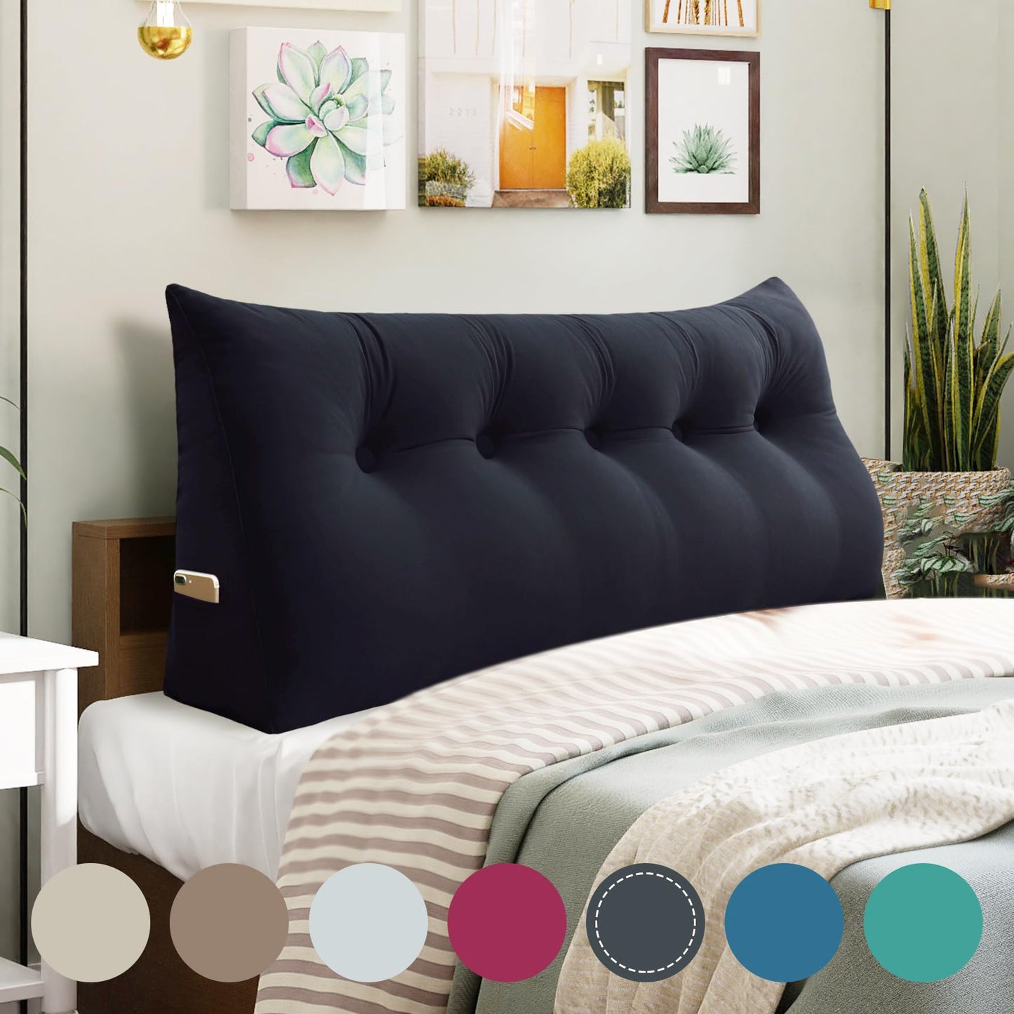 11 lbs Thickened Queen Headboard Pillow for Sitting Up in Bed, Back Support Reading Pillow with Side Pocket and Velvet Removable Cover, Triangular Large Wedge Headboard Pillow
