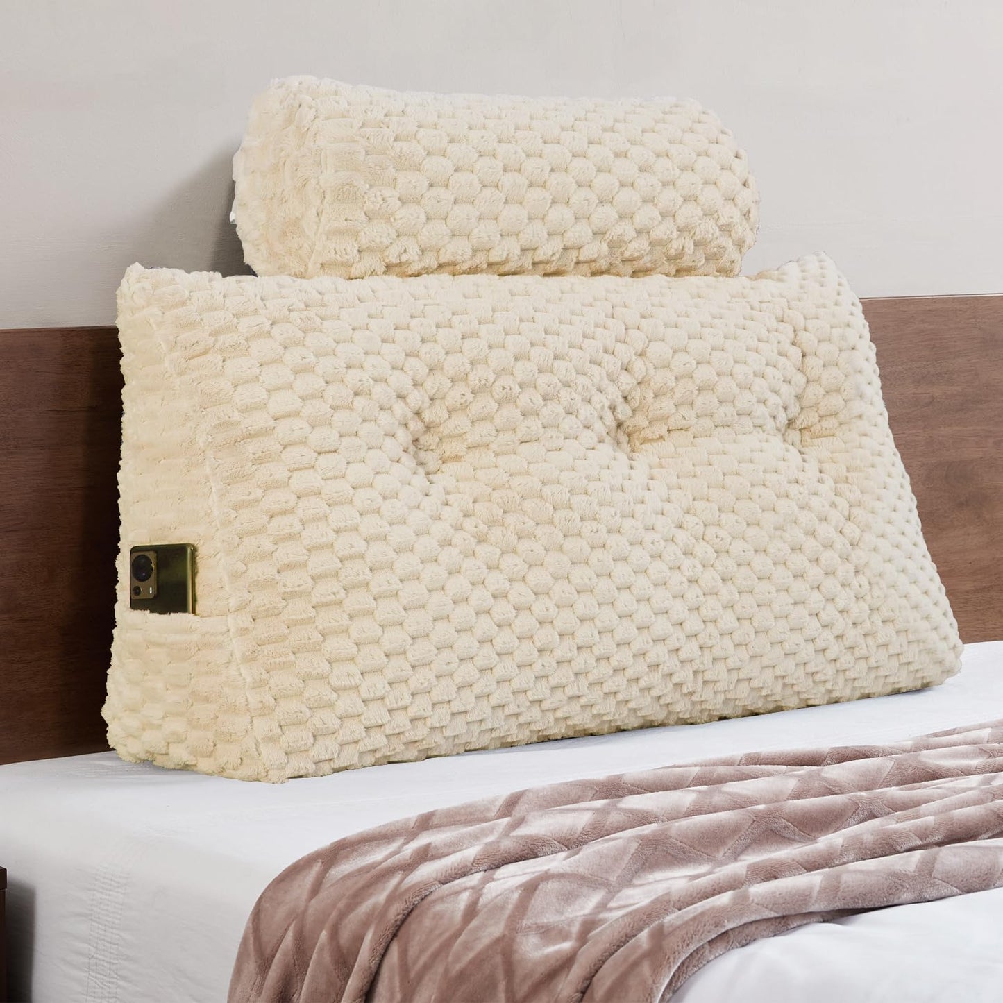 Wedge Headboard Pillow Queen- Bed Wedge Pillow for Headboard Triangular Headboard Pillow with Neck Roll Pillow-Large Bolster for Sitting in Bed Backrest Positioning Support (Grey,59x8x20 Inches)