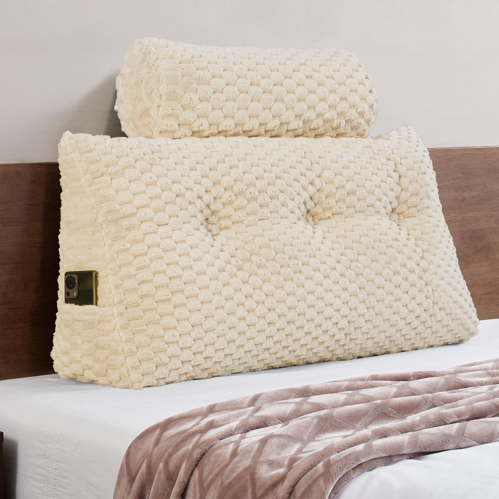 Wedge Headboard Pillow Queen- Bed Wedge Pillow for Headboard Triangular Headboard Pillow with Neck Roll Pillow-Large Bolster for Sitting in Bed Backrest Positioning Support (Grey,59x8x20 Inches)