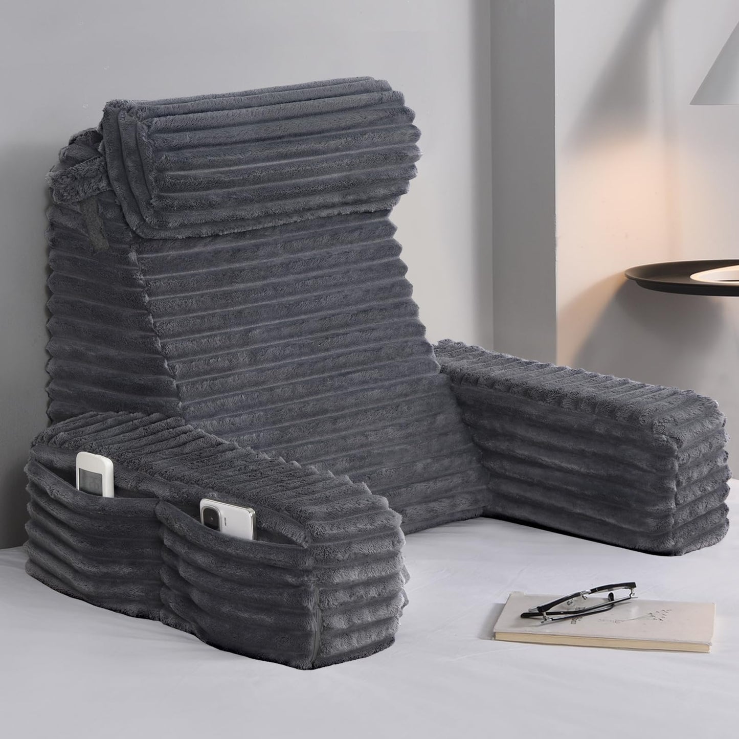 ENITYA 22" XL Back Pillow for Bed Sitting Up, Reading Pillow with Armrests & Big Pockets, Soft Back Support Chair, Ideal for Watching TV, Gaming, Nursing, Resting, Post Surgery, Dark Grey