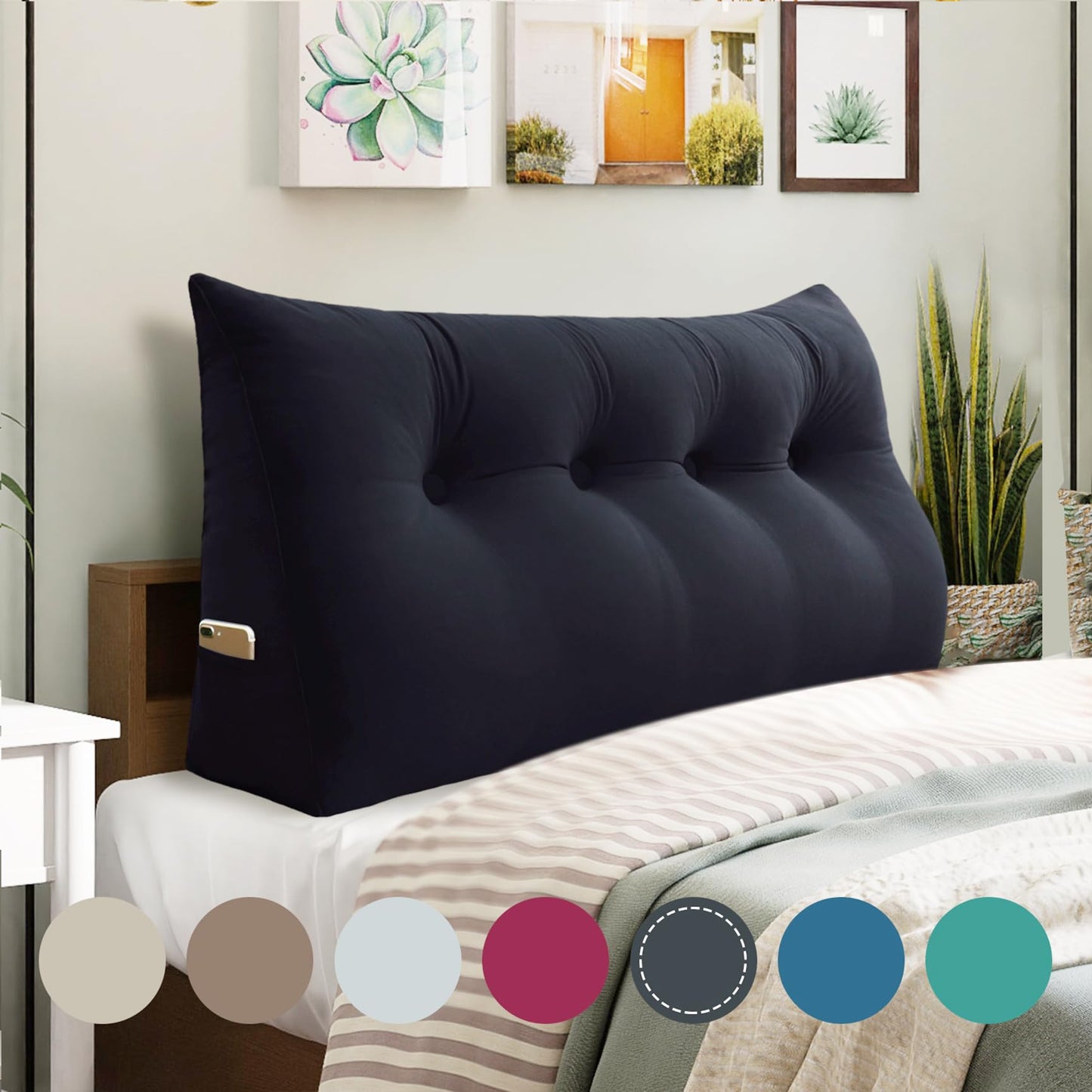 11 lbs Thickened Queen Headboard Pillow for Sitting Up in Bed, Back Support Reading Pillow with Side Pocket and Velvet Removable Cover, Triangular Large Wedge Headboard Pillow