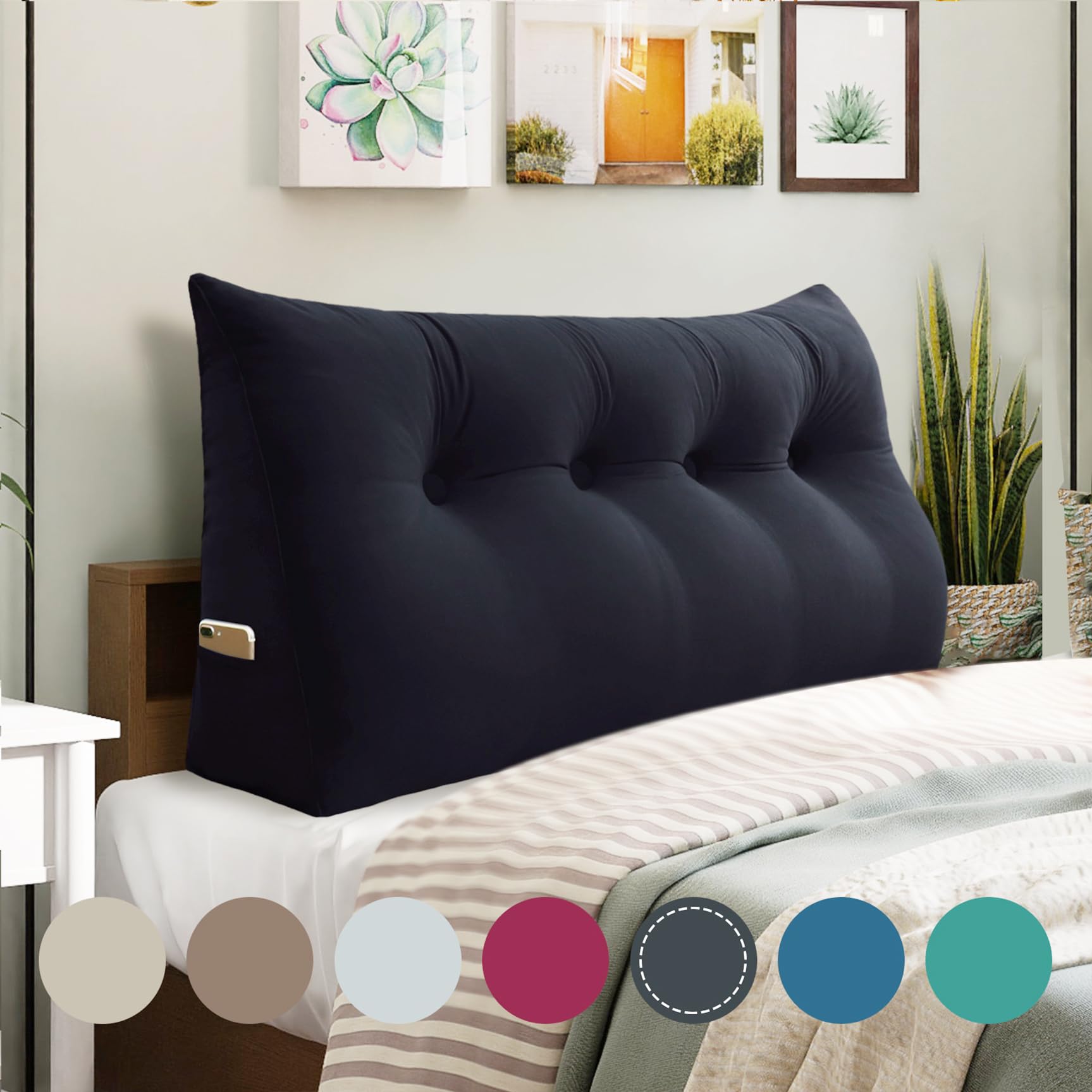 11 lbs Thickened Queen Headboard Pillow for Sitting Up in Bed, Back Support Reading Pillow with Side Pocket and Velvet Removable Cover, Triangular Large Wedge Headboard Pillow