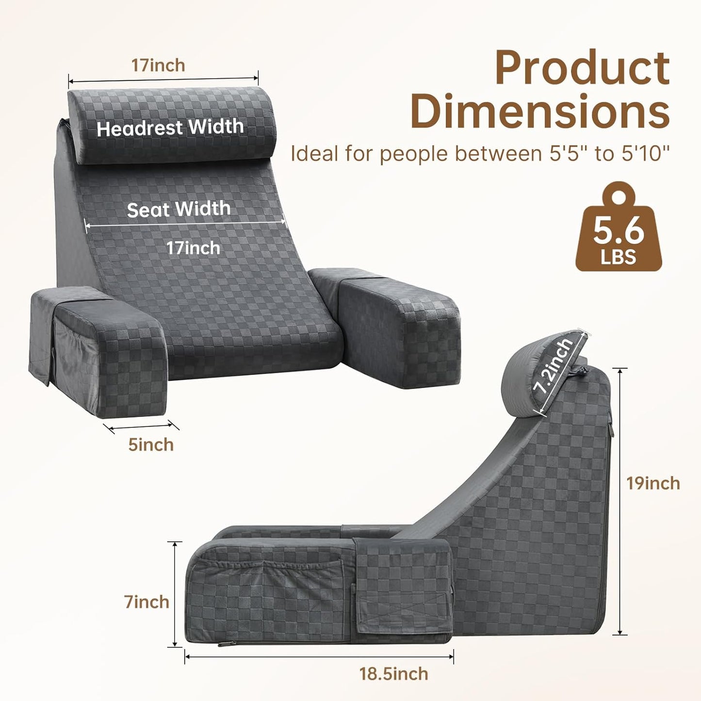 Vekkia Reading Pillow for Adults – Ergonomic 45° Wedge Back Support Chair for Sitting in Bed, XL Side Pockets, Perfect for Working, Gaming, Watching TV, Relaxing, or Recovery, Great Gift Idea, 19”