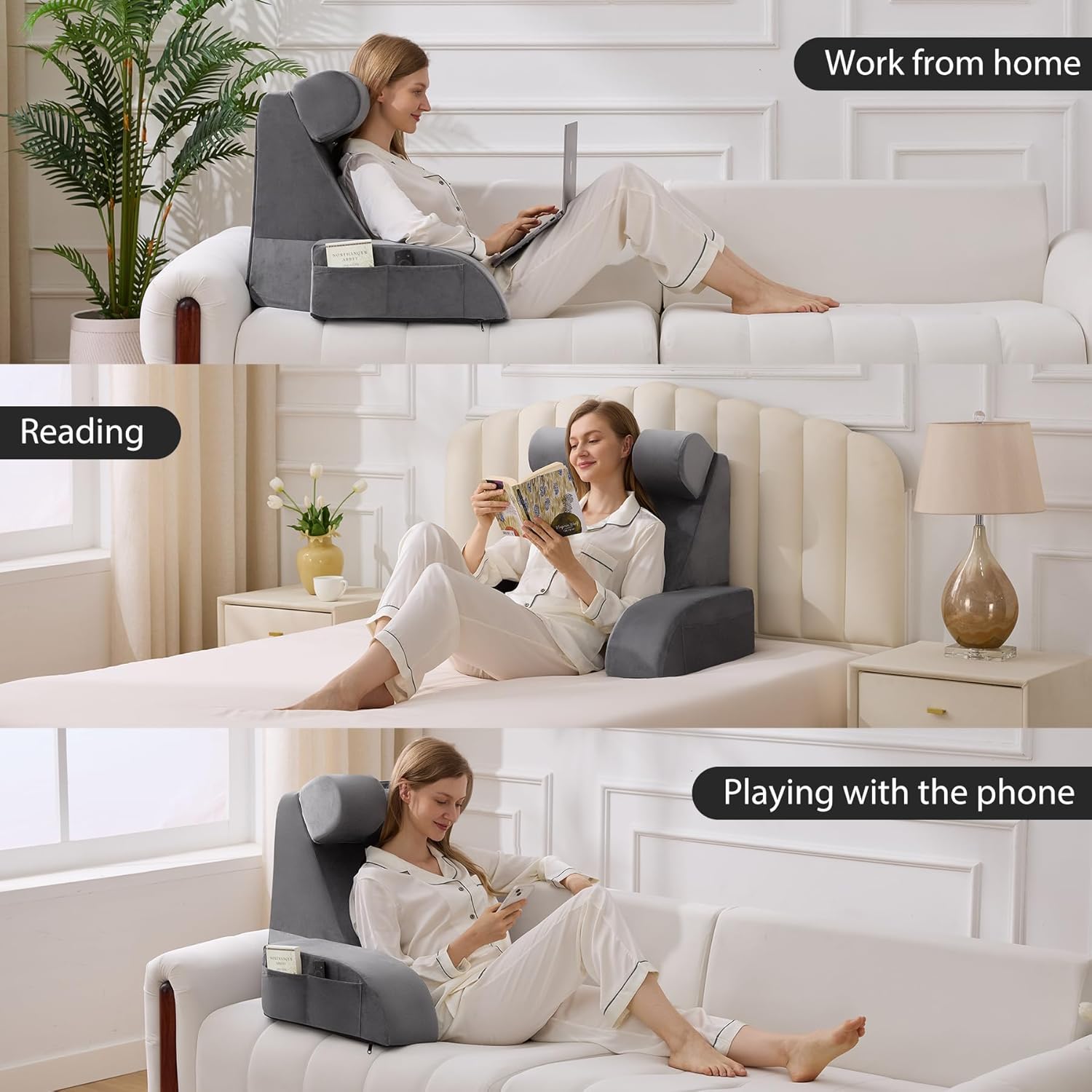 Reading Pillow for Sitting in Bed Adult, Back Pillow for Bed Sitting up, Backrest Pillow with Arms, Back Support Pillows for Gaming Lounging Watching TV, Medium 19" Grey