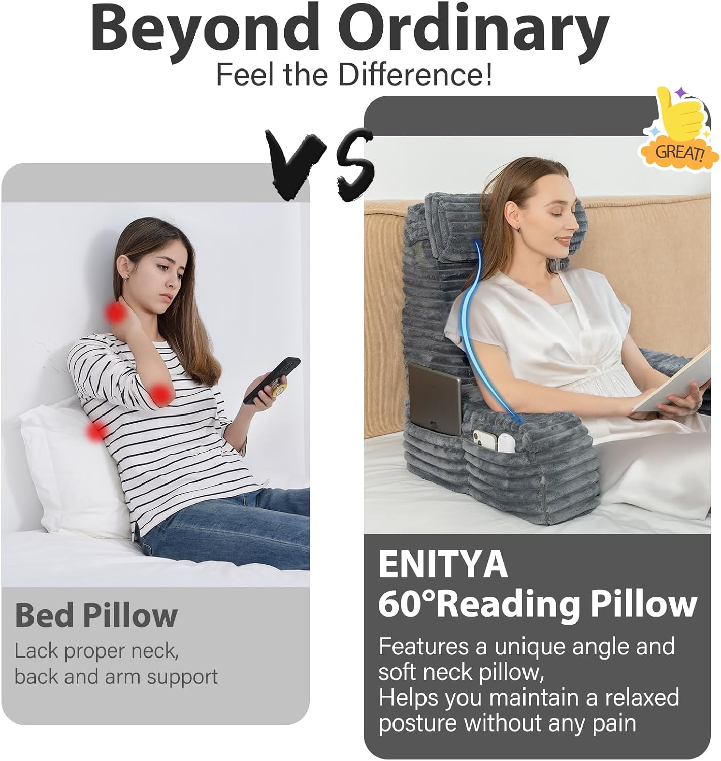 ENITYA 22" XL Back Pillow for Bed Sitting Up, Reading Pillow with Armrests & Big Pockets, Soft Back Support Chair, Ideal for Watching TV, Gaming, Nursing, Resting, Post Surgery, Dark Grey