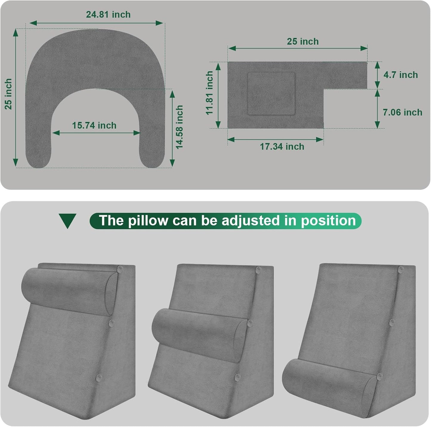 Reading Pillow Set for Adults 3-Piece - Ergonomic Back/Neck Support with Arms & Pockets - 26D High-Density Foam for Bed/Couch Reading Gaming Watching TV (Light Gray)