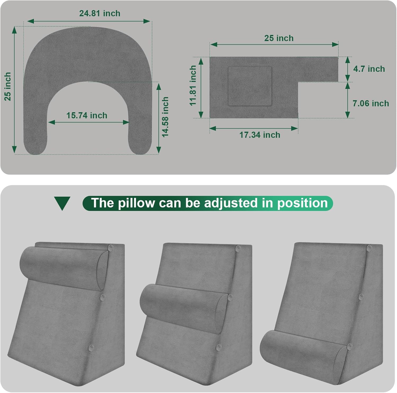 Reading Pillow Set for Adults 3-Piece - Ergonomic Back/Neck Support with Arms & Pockets - 26D High-Density Foam for Bed/Couch Reading Gaming Watching TV (Light Gray)