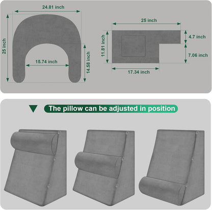 Reading Pillow Set for Adults 3-Piece - Ergonomic Back/Neck Support with Arms & Pockets - 26D High-Density Foam for Bed/Couch Reading Gaming Watching TV (Light Gray)