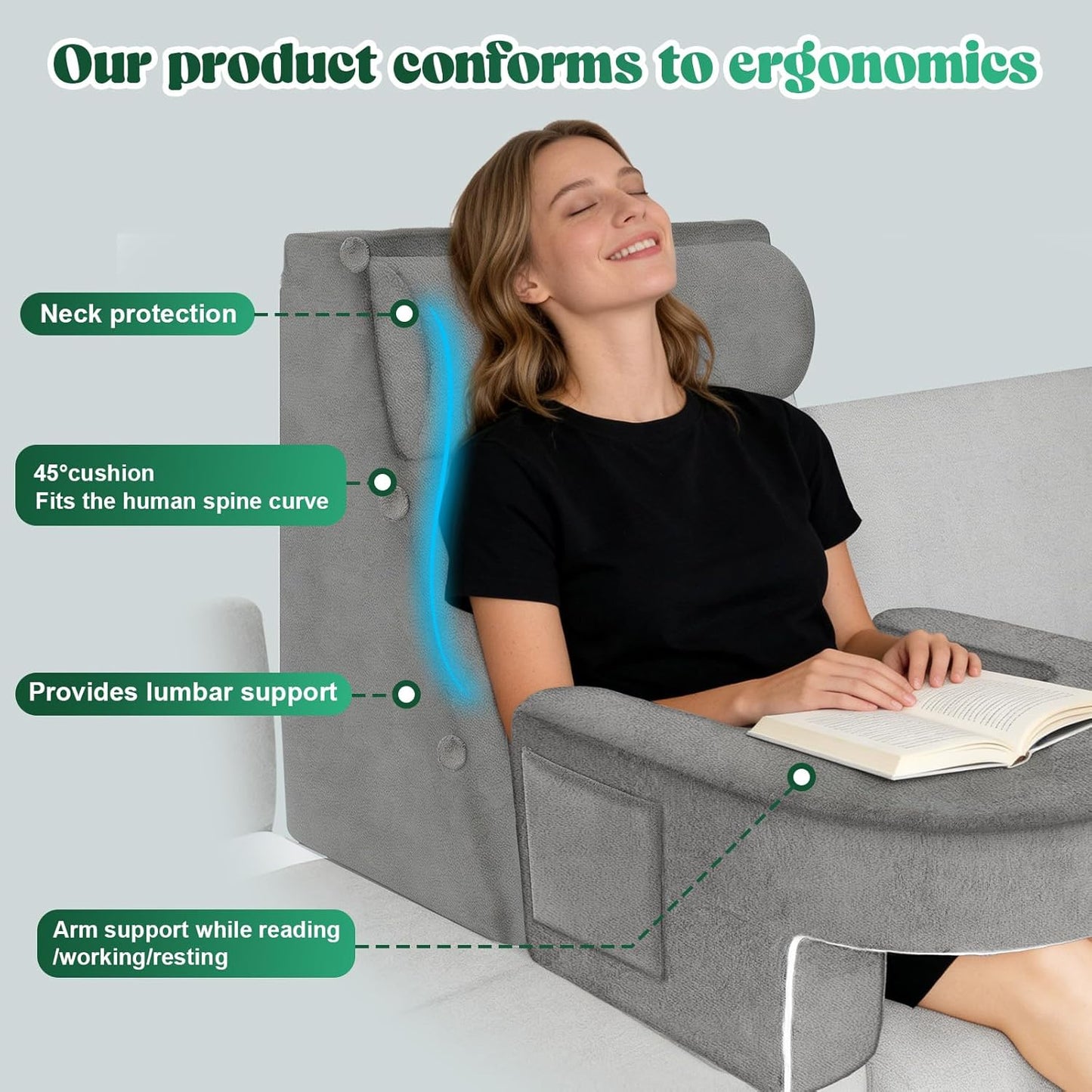 Reading Pillow Set for Adults 3-Piece - Ergonomic Back/Neck Support with Arms & Pockets - 26D High-Density Foam for Bed/Couch Reading Gaming Watching TV (Light Gray)