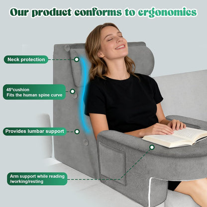 Reading Pillow Set for Adults 3-Piece - Ergonomic Back/Neck Support with Arms & Pockets - 26D High-Density Foam for Bed/Couch Reading Gaming Watching TV (Light Gray)