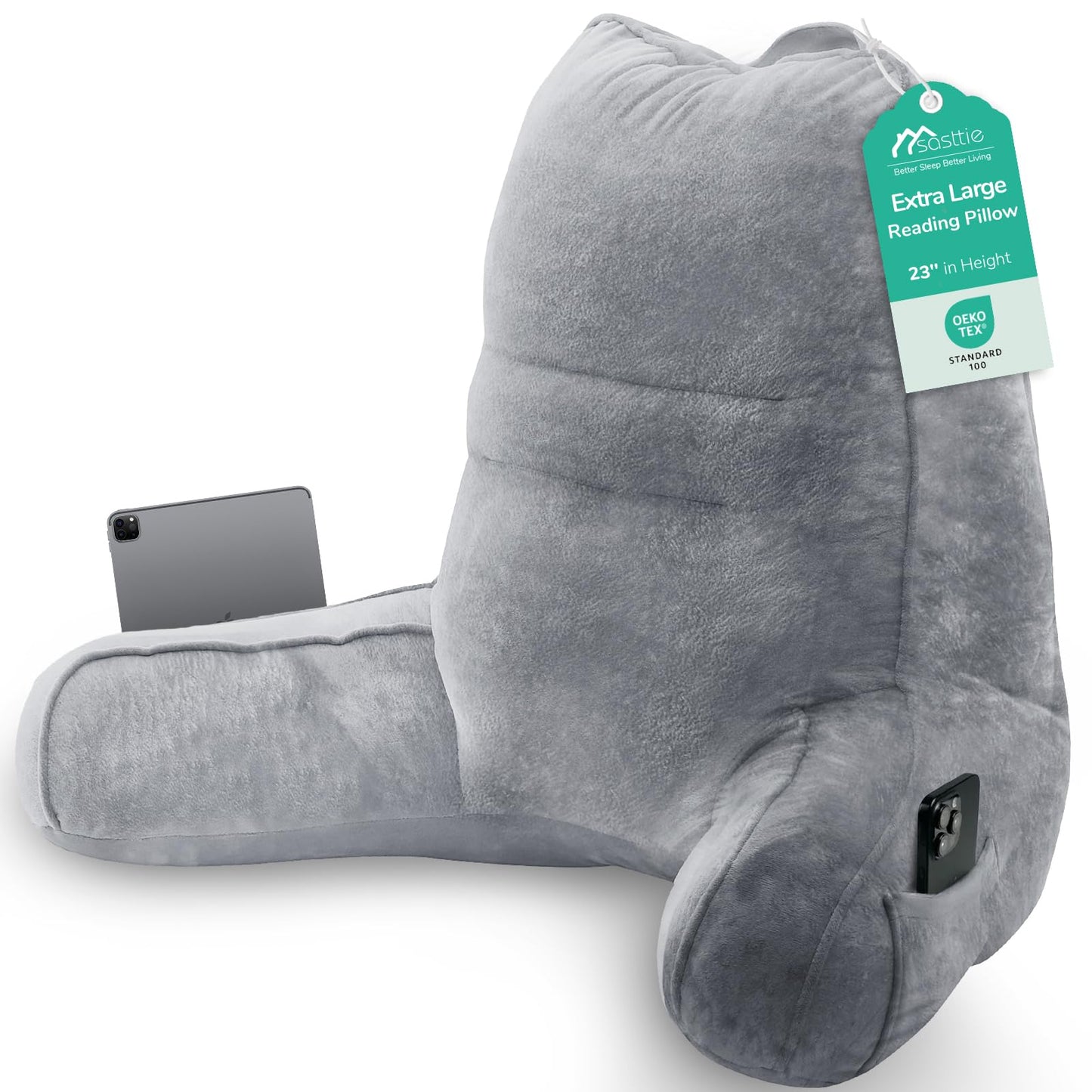Sasttie Reading Pillows for Sitting in Bed Adult, Velvet Back Pillow Bed Sitting Up, Back-Rest Support Cushion for Sit Up on Couch, Sofa, and Floor, Dorm Essentials, Oeko-Tex Certified, Dark Grey