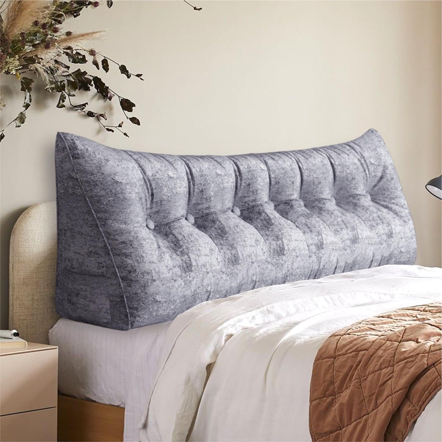 11 lbs Thickened Queen Headboard Pillow for Sitting Up in Bed, Back Support Reading Pillow with Side Pocket and Velvet Removable Cover, Triangular Large Wedge Headboard Pillow