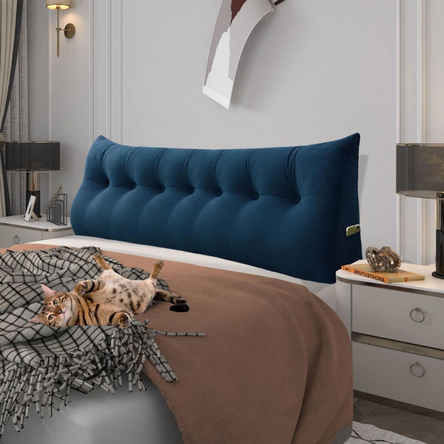 11 lbs Thickened Queen Headboard Pillow for Sitting Up in Bed, Back Support Reading Pillow with Side Pocket and Velvet Removable Cover, Triangular Large Wedge Headboard Pillow
