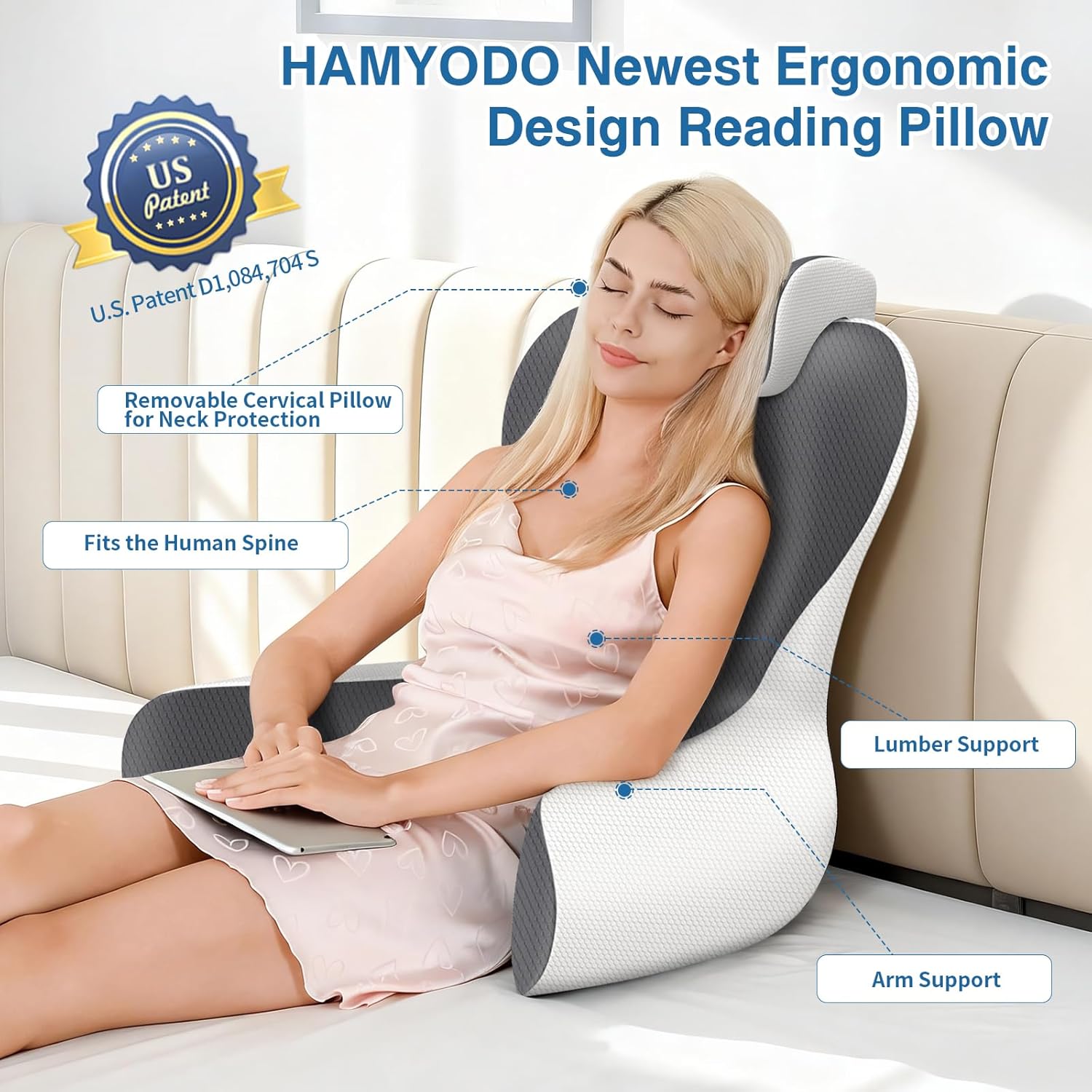 Reading Pillow for Sitting in Bed, 22”H Back Pillow for Sitting Up,Lumbar Rest & Neck Support Bed Pillows,Backrest Bed Chair with Arms for Reclining,Gaming,Resting,Watching TV in Couch or Floor