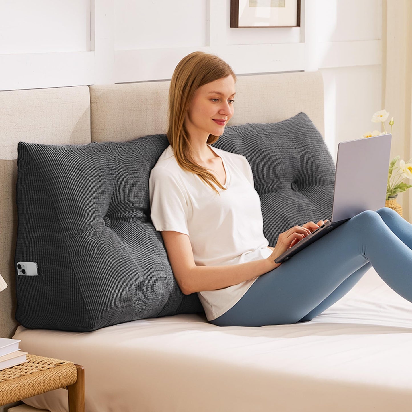 Headboard Pillow Queen, Triangle Pillows for Headboard, Head Board Backrest Wedge Pillow for Reading Sitting Working, Daybed Pillows with Removable Cover for Bed Dorm Sofa, Dark Grey
