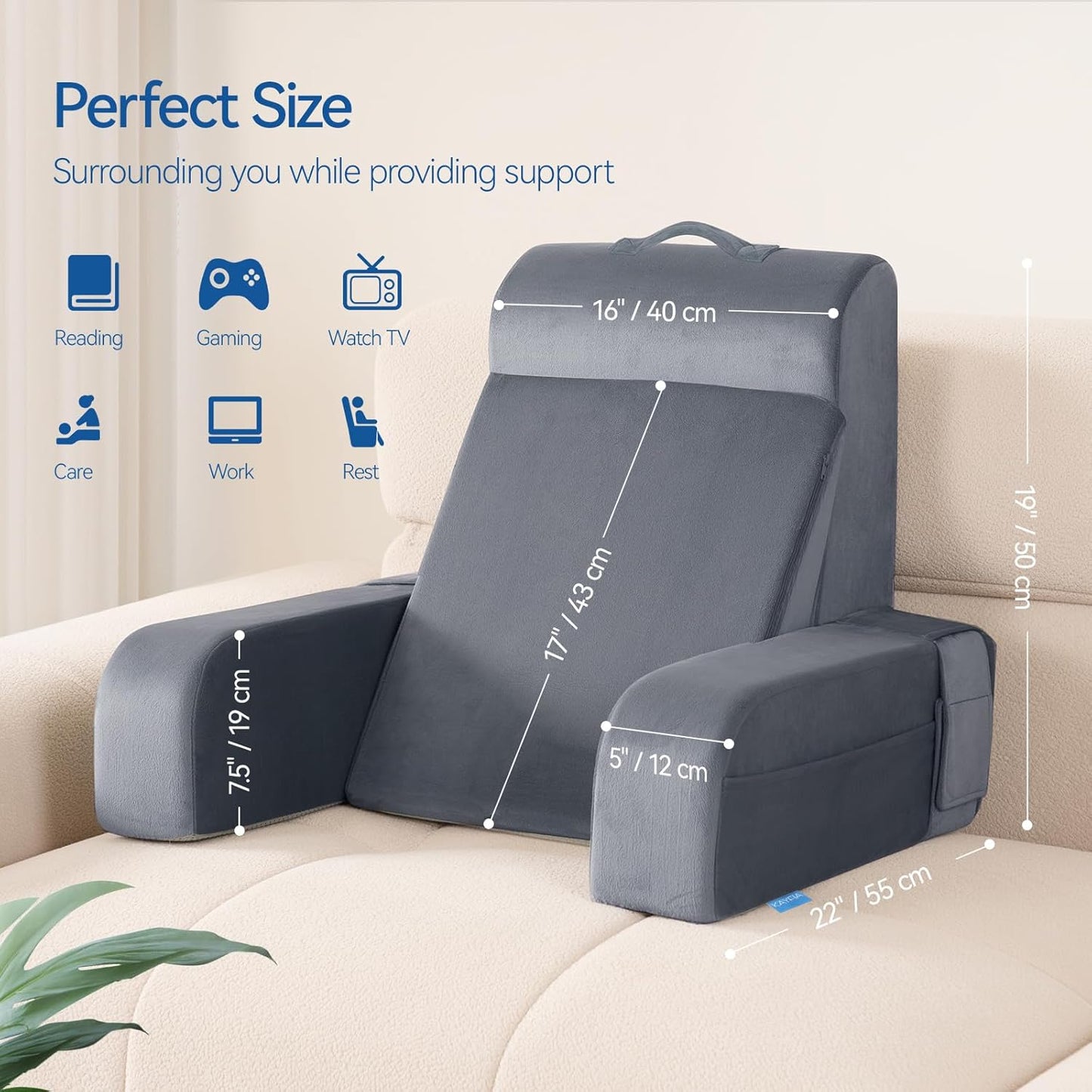 Kayfia Reading Pillow, 10 in 1 Back Pillow for Bed Sitting up with Detachable Arms Rest, Back Rest with Gel Memory Foam, Reading/Gaming/Working in Bed or Couch 19", Gray