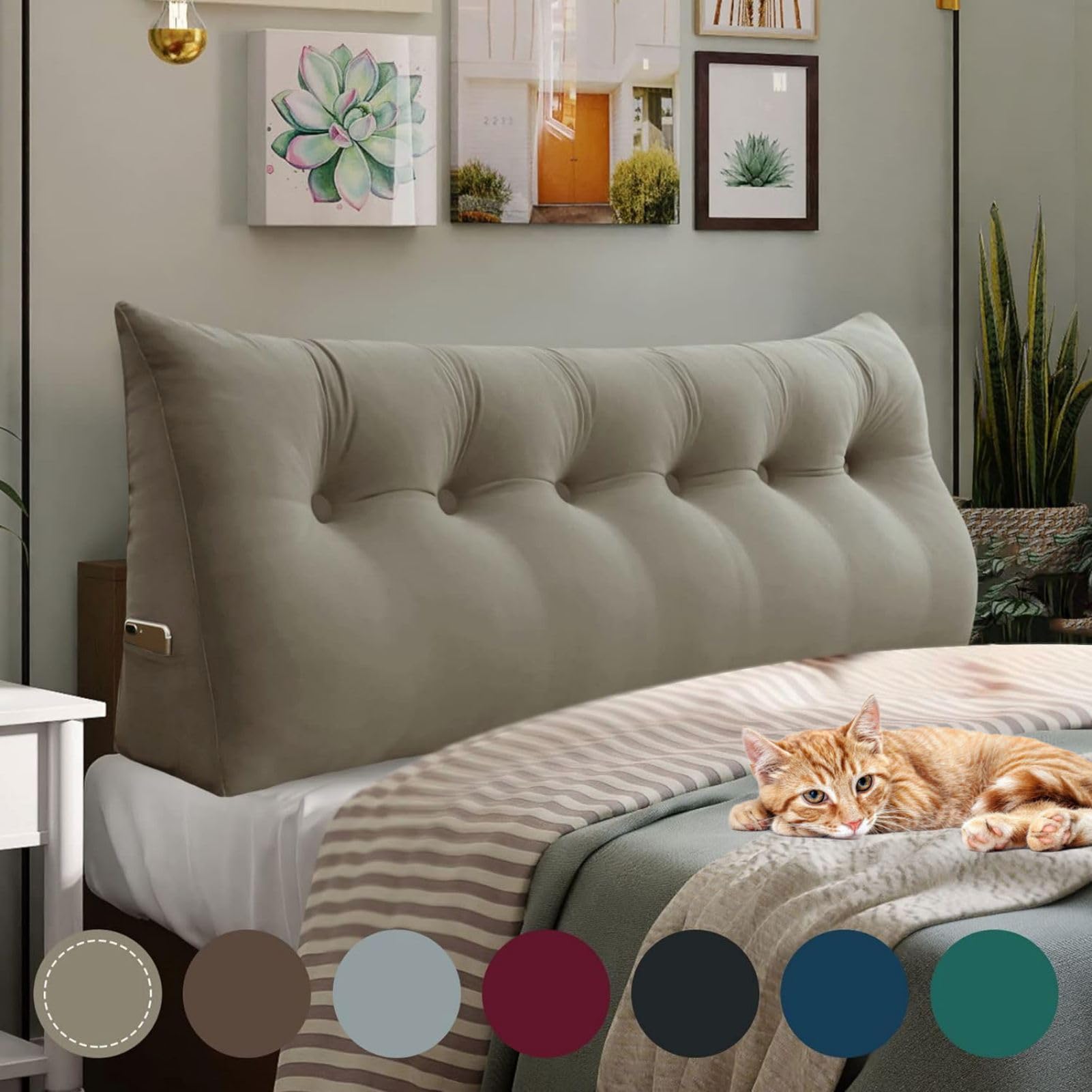 11 lbs Thickened Queen Headboard Pillow for Sitting Up in Bed, Back Support Reading Pillow with Side Pocket and Velvet Removable Cover, Triangular Large Wedge Headboard Pillow