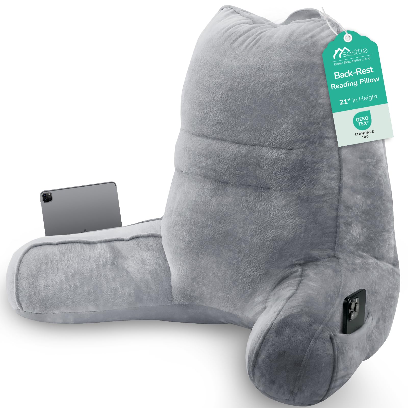 Sasttie Reading Pillows for Sitting in Bed Adult, Velvet Back Pillow Bed Sitting Up, Back-Rest Support Cushion for Sit Up on Couch, Sofa, and Floor, Dorm Essentials, Oeko-Tex Certified, Dark Grey