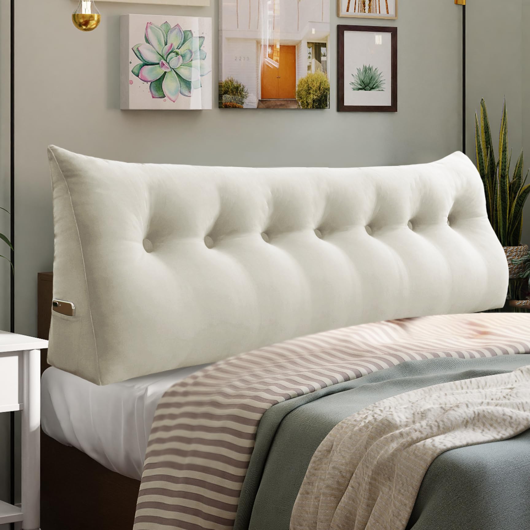 11 lbs Thickened Queen Headboard Pillow for Sitting Up in Bed, Back Support Reading Pillow with Side Pocket and Velvet Removable Cover, Triangular Large Wedge Headboard Pillow