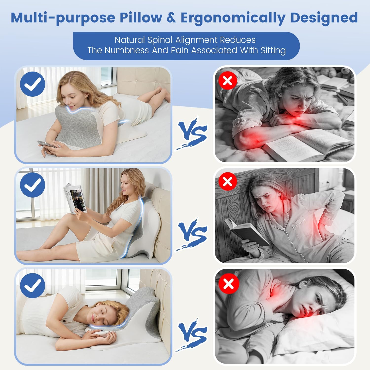 Reading Pillow for Bed, Ergonomic Memory Foam Bed Wedge Pillow for Headboard, Lying, Leaning and Prone, Chin & Back Support Pillows on Bedrest Floor Couch- Gray