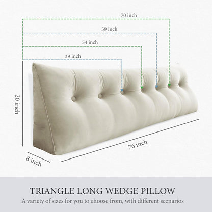 11 lbs Thickened Queen Headboard Pillow for Sitting Up in Bed, Back Support Reading Pillow with Side Pocket and Velvet Removable Cover, Triangular Large Wedge Headboard Pillow