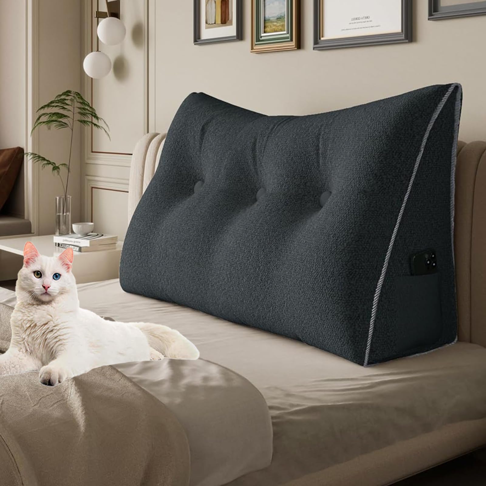 11 lbs Thickened Queen Headboard Pillow for Sitting Up in Bed, Back Support Reading Pillow with Side Pocket and Velvet Removable Cover, Triangular Large Wedge Headboard Pillow