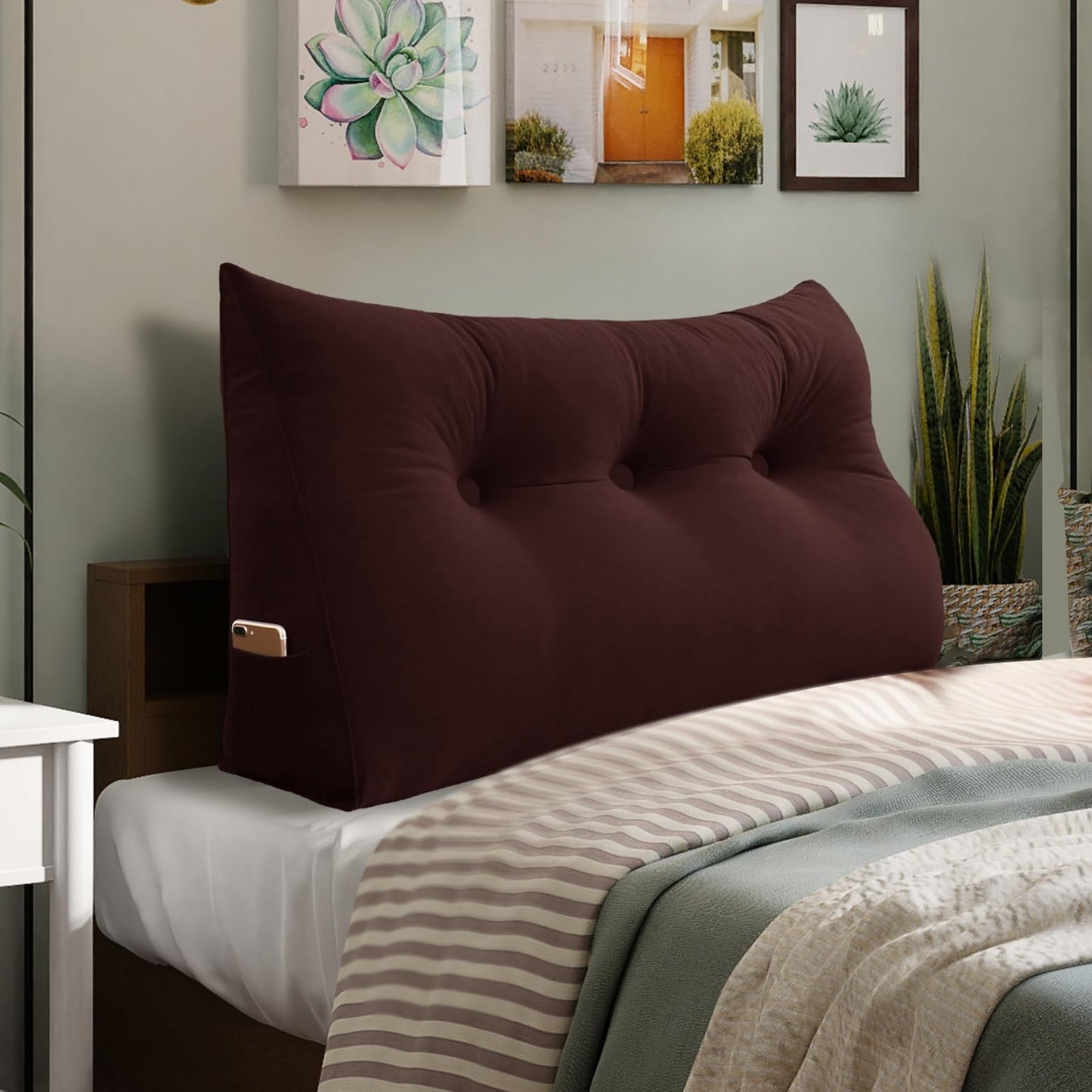 11 lbs Thickened Queen Headboard Pillow for Sitting Up in Bed, Back Support Reading Pillow with Side Pocket and Velvet Removable Cover, Triangular Large Wedge Headboard Pillow