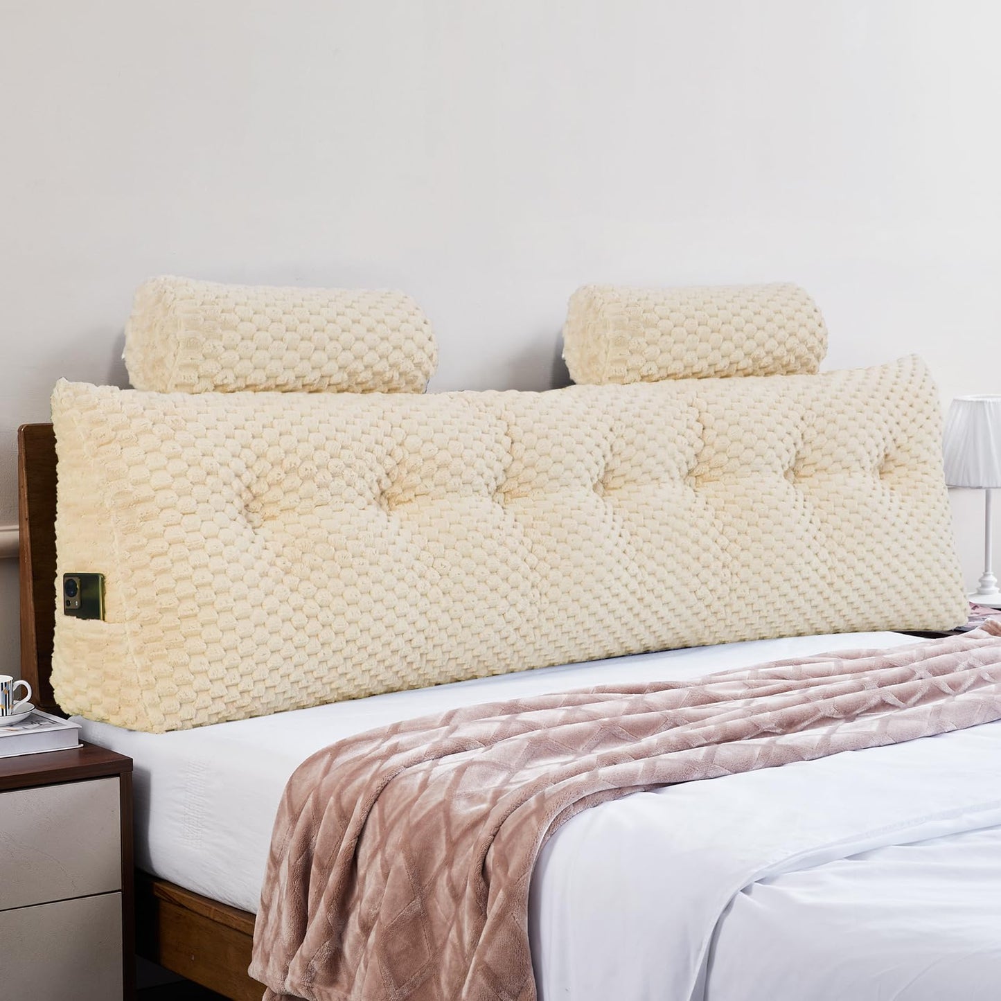 Wedge Headboard Pillow Queen- Bed Wedge Pillow for Headboard Triangular Headboard Pillow with Neck Roll Pillow-Large Bolster for Sitting in Bed Backrest Positioning Support (Grey,59x8x20 Inches)