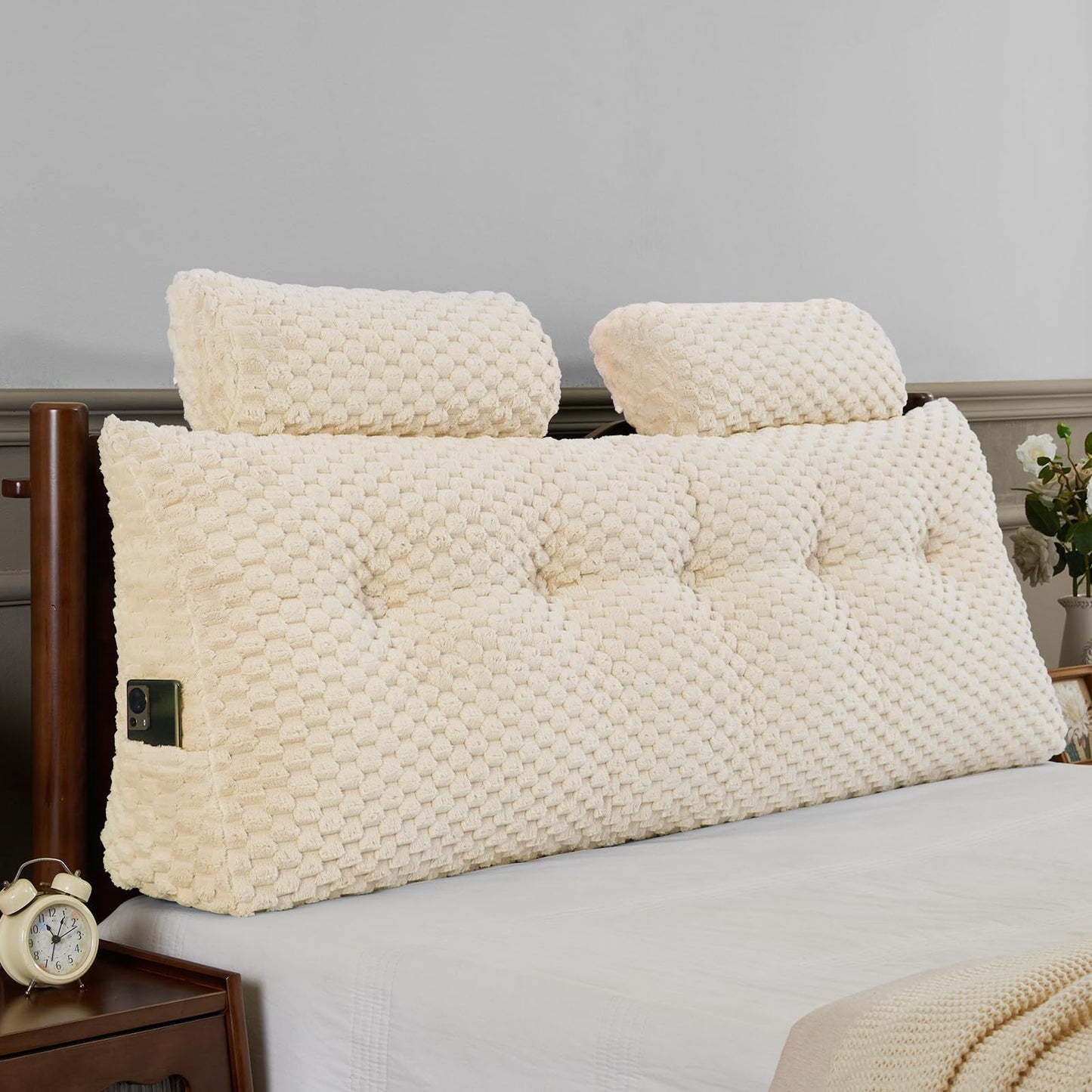 Wedge Headboard Pillow Queen- Bed Wedge Pillow for Headboard Triangular Headboard Pillow with Neck Roll Pillow-Large Bolster for Sitting in Bed Backrest Positioning Support (Grey,59x8x20 Inches)