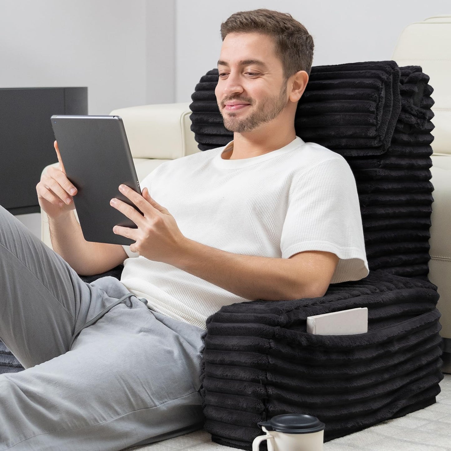 ENITYA 22" XL Back Pillow for Bed Sitting Up, Reading Pillow with Armrests & Big Pockets, Soft Back Support Chair, Ideal for Watching TV, Gaming, Nursing, Resting, Post Surgery, Dark Grey