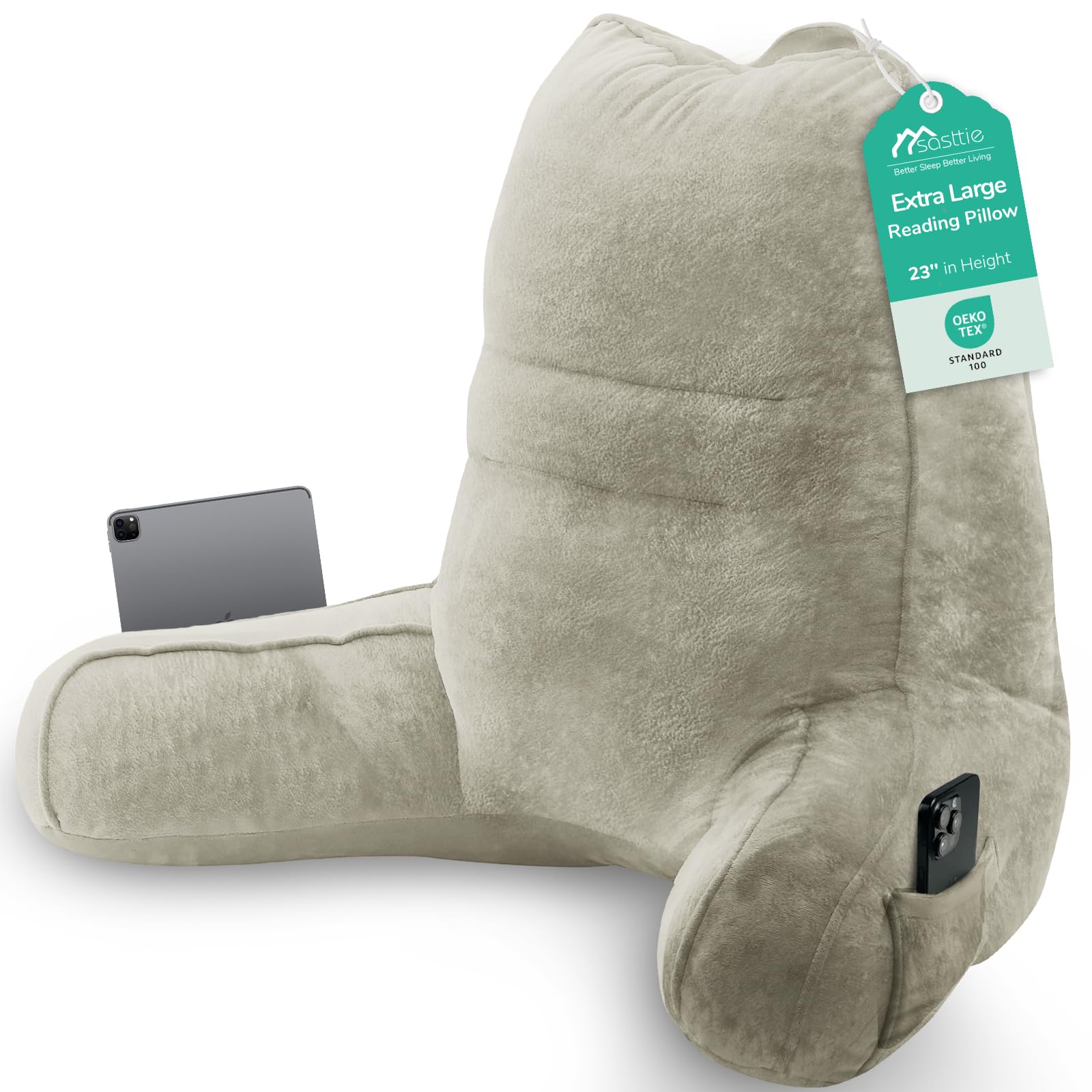 Sasttie Reading Pillows for Sitting in Bed Adult, Velvet Back Pillow Bed Sitting Up, Back-Rest Support Cushion for Sit Up on Couch, Sofa, and Floor, Dorm Essentials, Oeko-Tex Certified, Dark Grey