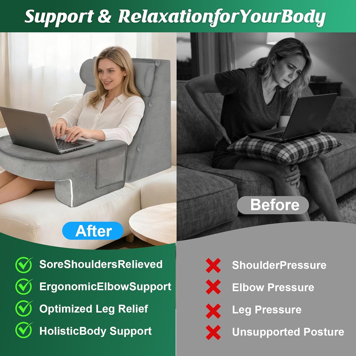 Reading Pillow Set for Adults 3-Piece - Ergonomic Back/Neck Support with Arms & Pockets - 26D High-Density Foam for Bed/Couch Reading Gaming Watching TV (Light Gray)