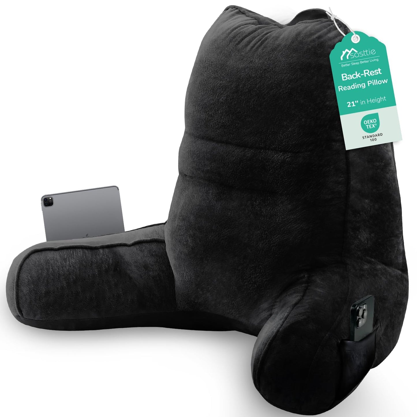 Sasttie Reading Pillows for Sitting in Bed Adult, Velvet Back Pillow Bed Sitting Up, Back-Rest Support Cushion for Sit Up on Couch, Sofa, and Floor, Dorm Essentials, Oeko-Tex Certified, Dark Grey