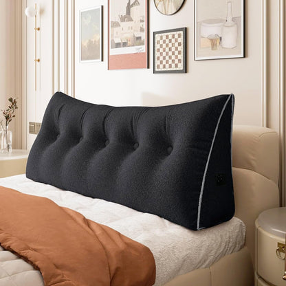 11 lbs Thickened Queen Headboard Pillow for Sitting Up in Bed, Back Support Reading Pillow with Side Pocket and Velvet Removable Cover, Triangular Large Wedge Headboard Pillow