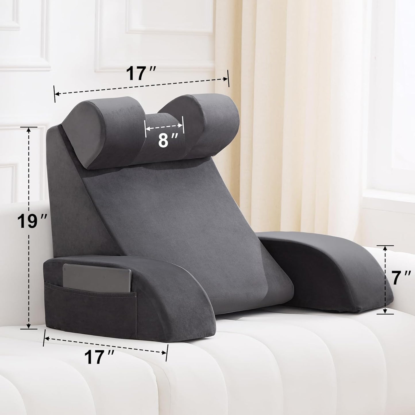 Reading Pillow for Sitting in Bed Adult, Back Pillow for Bed Sitting up, Backrest Pillow with Arms, Back Support Pillows for Gaming Lounging Watching TV, Medium 19" Grey