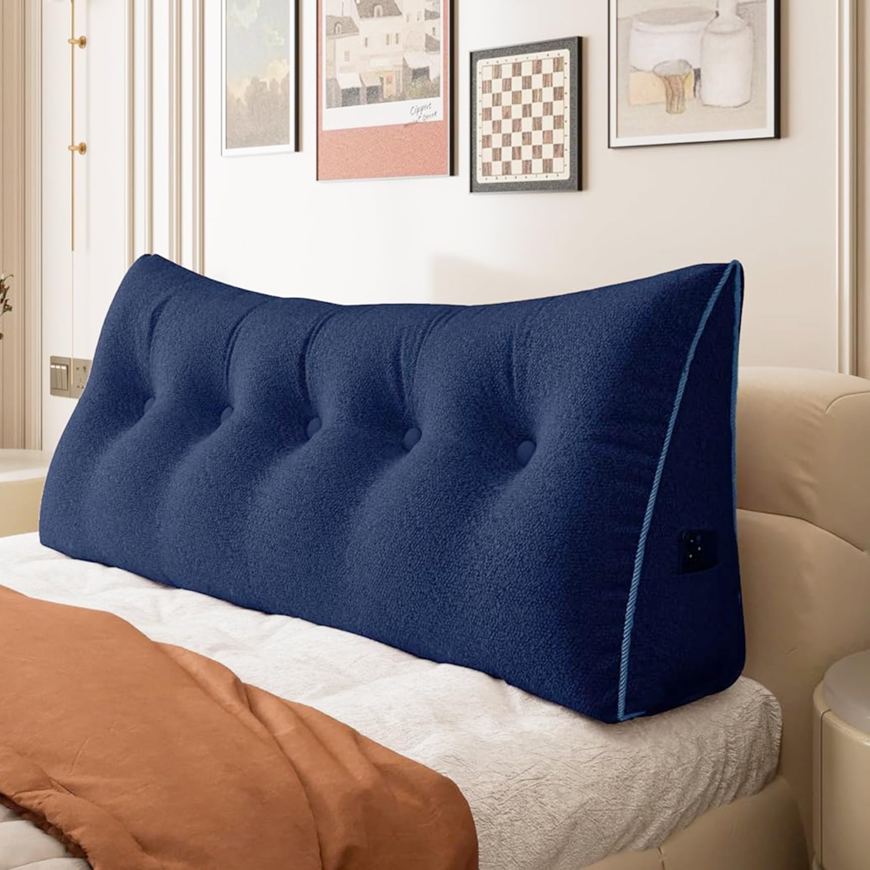 11 lbs Thickened Queen Headboard Pillow for Sitting Up in Bed, Back Support Reading Pillow with Side Pocket and Velvet Removable Cover, Triangular Large Wedge Headboard Pillow