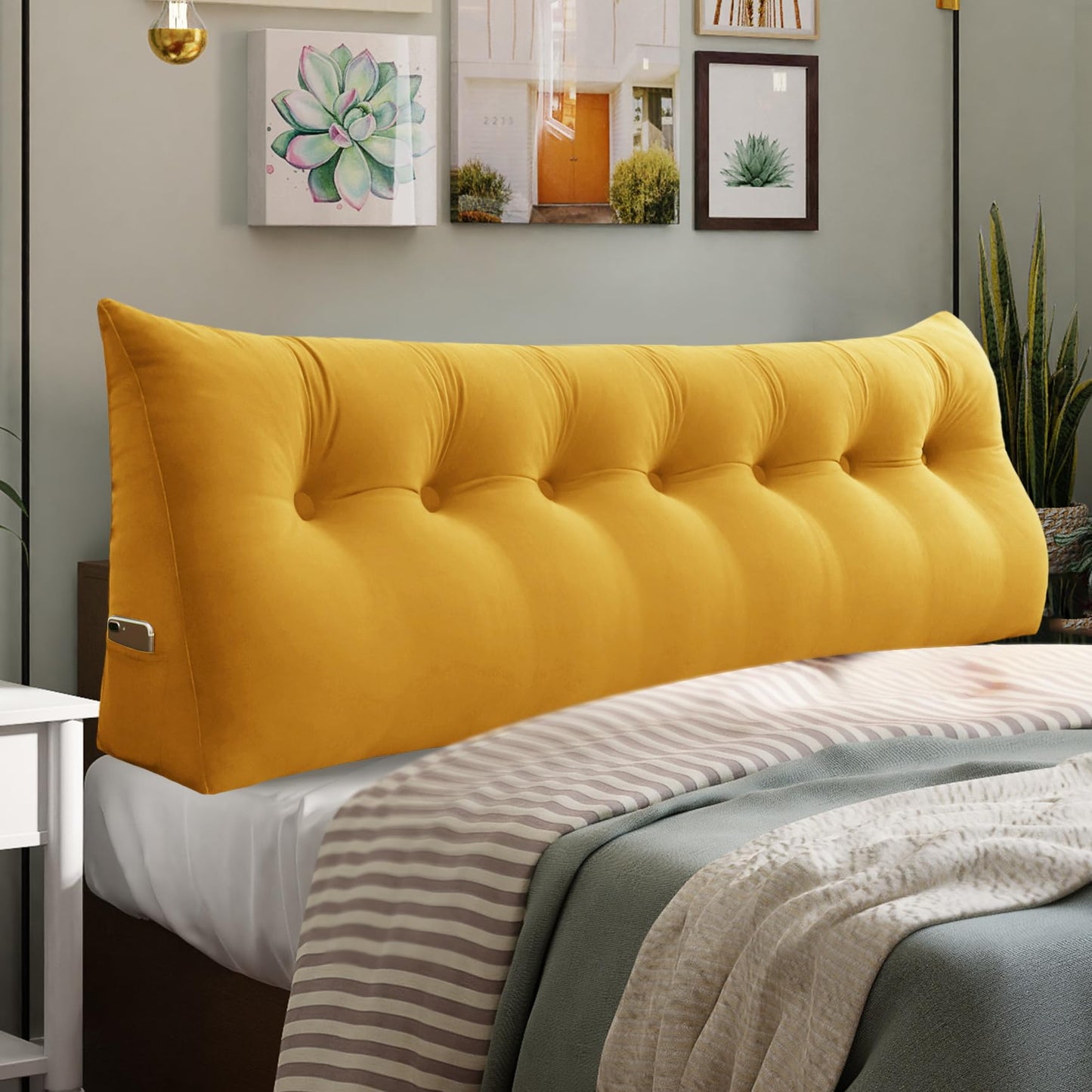 11 lbs Thickened Queen Headboard Pillow for Sitting Up in Bed, Back Support Reading Pillow with Side Pocket and Velvet Removable Cover, Triangular Large Wedge Headboard Pillow