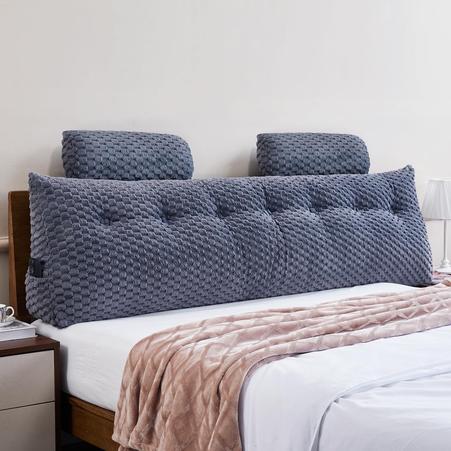Wedge Headboard Pillow Queen- Bed Wedge Pillow for Headboard Triangular Headboard Pillow with Neck Roll Pillow-Large Bolster for Sitting in Bed Backrest Positioning Support (Grey,59x8x20 Inches)